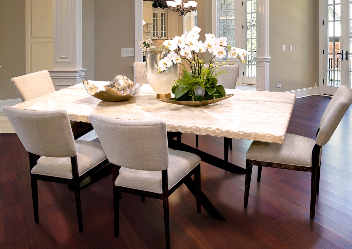 Travertine Top with Iron Base Dining Table - Pottery World